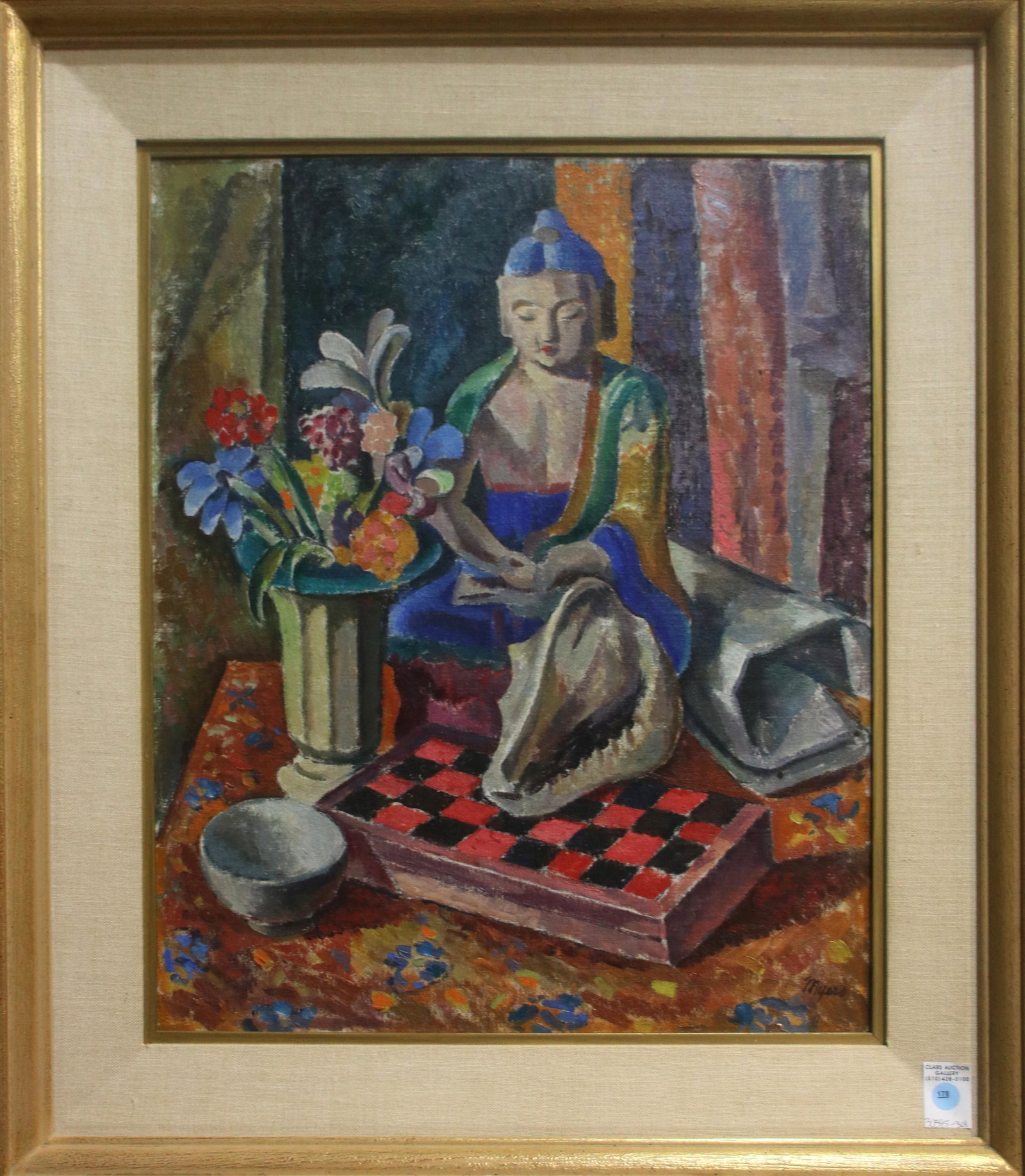 Painting, Frank H. Meyers: Frank H. Meyers (American, 1859-1956), "Serenity," oil on board, signed lower right, signed and titled verso, gallery label (Trotter Galleries, Carmel, CA) affixed verso, overall (with frame): 32"h x 