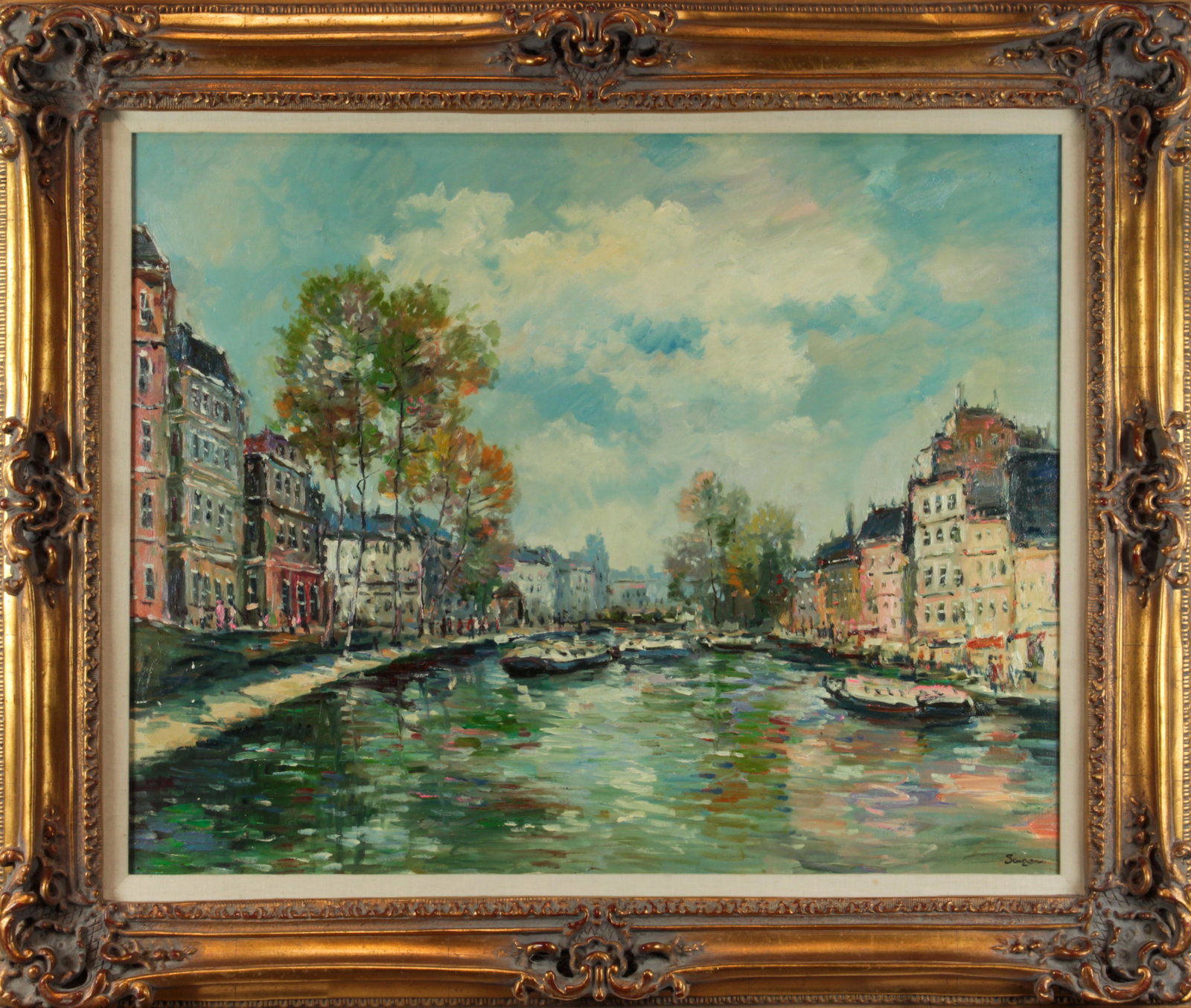 Painting, La Seine: La Seine, oil on canvas, signed "Sangor" lower right, 20th century, overall (with frame): 32"h x 38"w