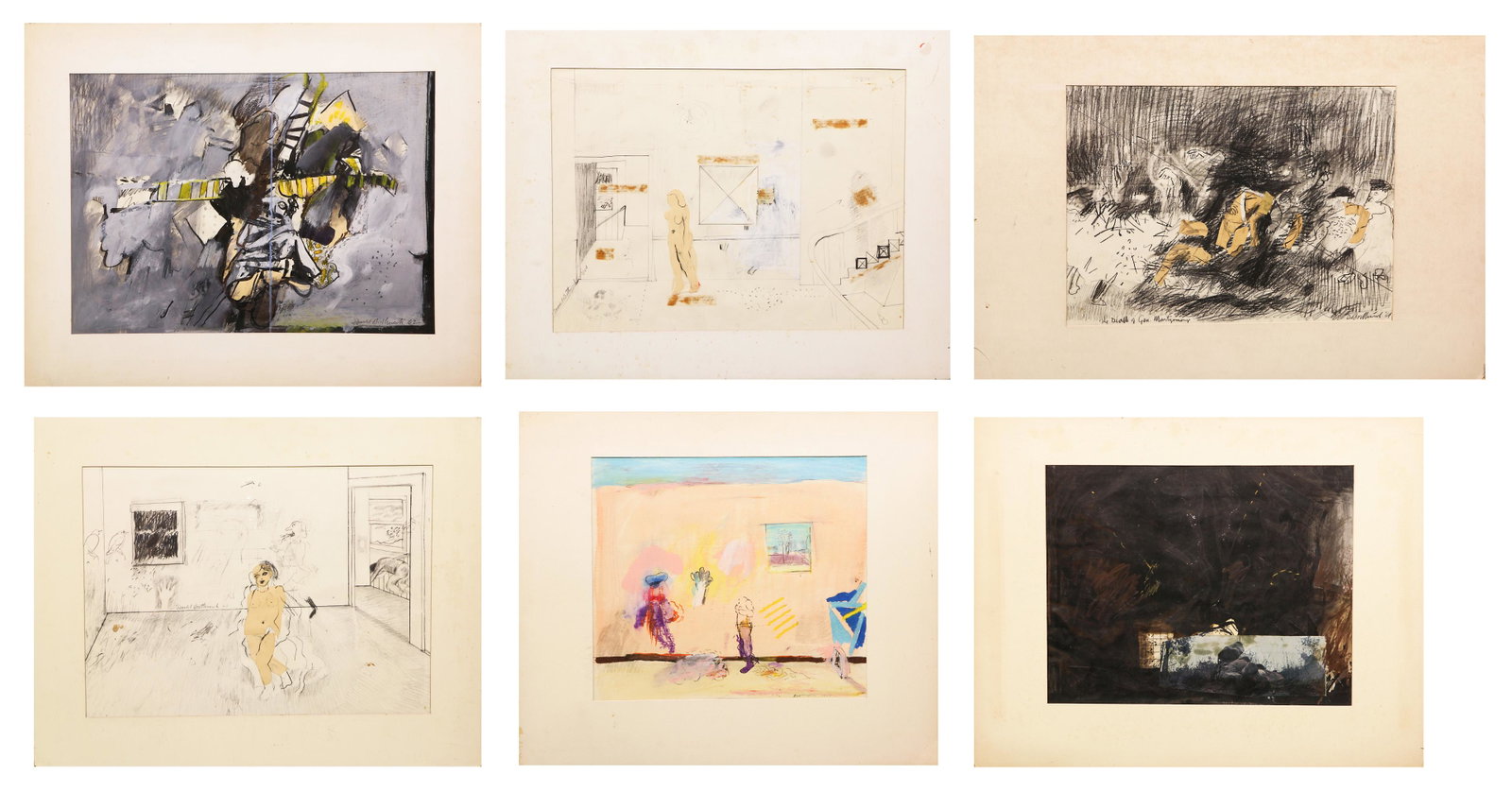 Mixed Media Collages, Donald Borthwick: (lot of 6) Donald Borthwick (American, 20th century), "Highway Talisman," 1962, "Studio Assembly," 1963, "A Moment of Dreamy Indolence," 1964, In the Pink Room, 1964, "Statistic," and "The Death of Ge