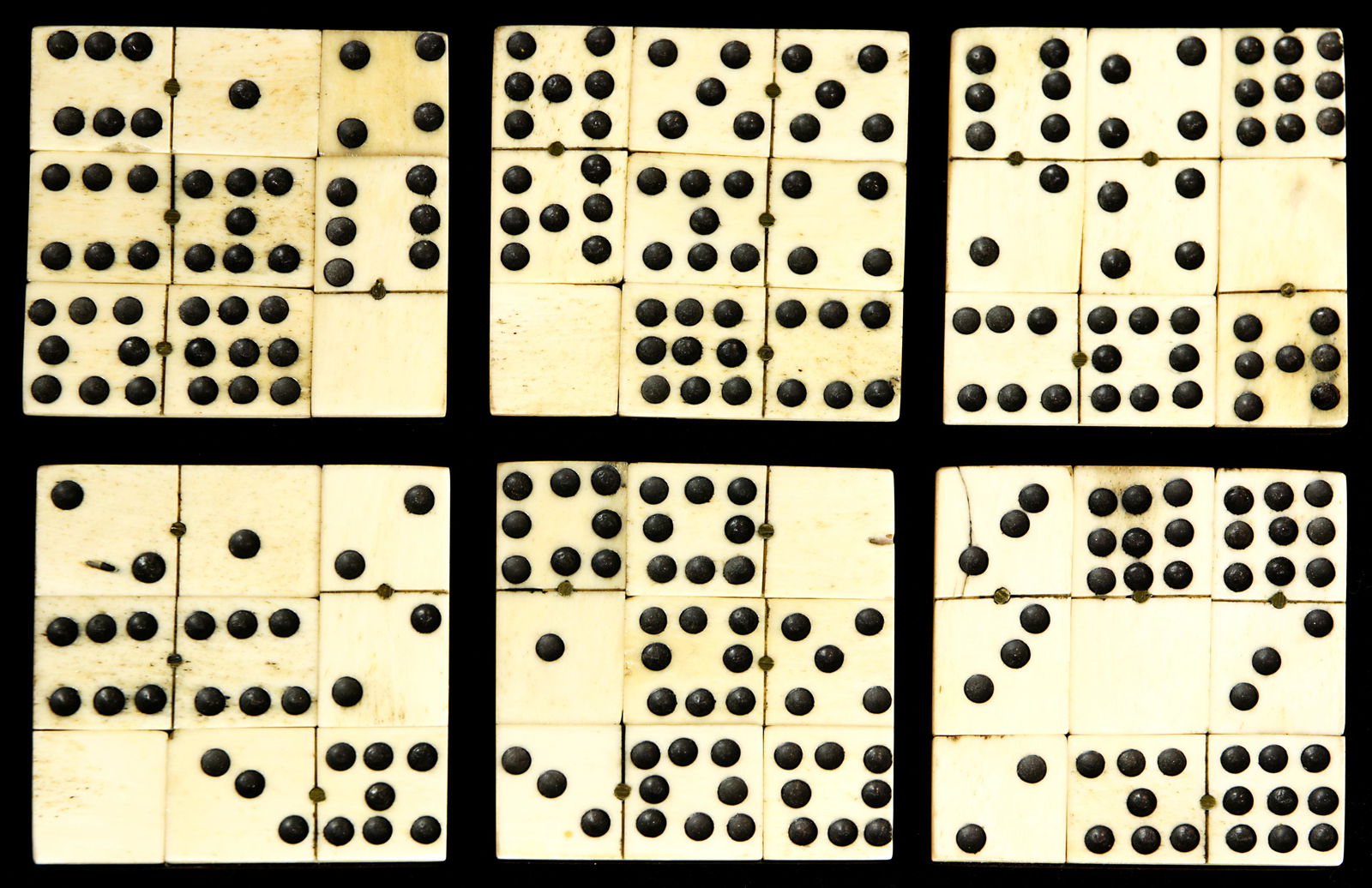 (lot of 6) Dominoes mounted on piece of wood and: (lot of 6) Dominoes mounted on piece of wood and fashioned as coasters, each 3' square