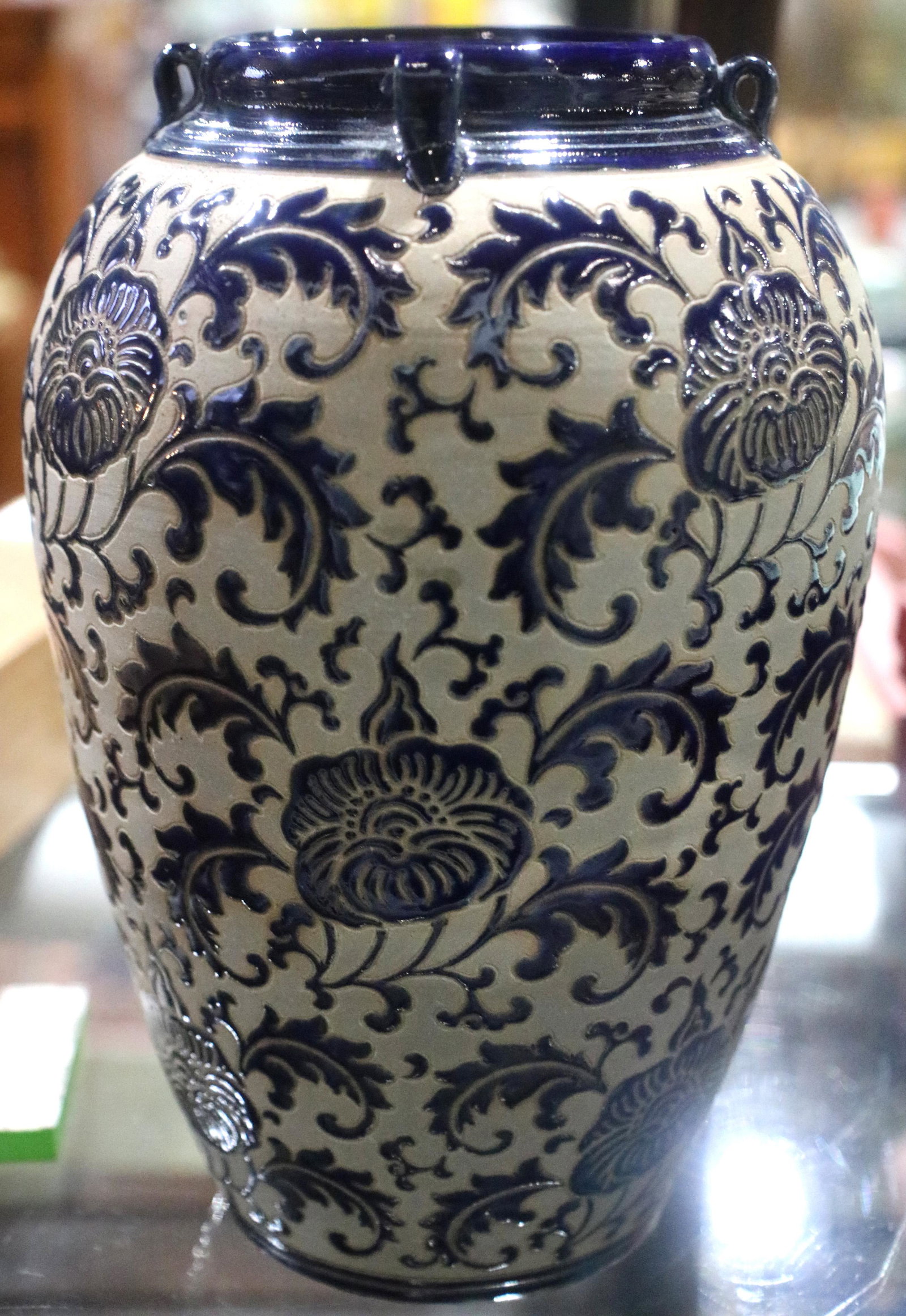 Vietnamese stoneware jar: Vietnamese stoneware jar, having cobalt blue decoration, 11.5"h