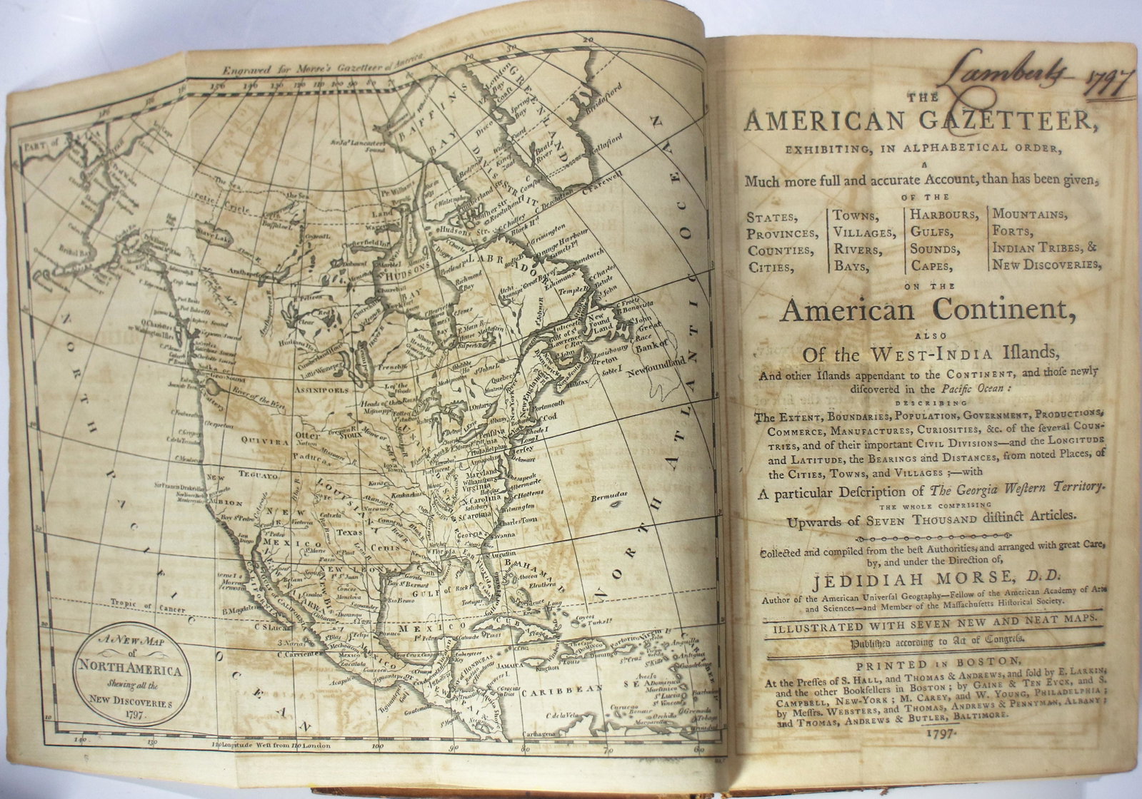 Morse, Jedidiah, The American Gazeteer, Boston 1797: Morse, Jedidiah, "The American Gazeteer," Boston 1797, first edition, with seven mostly folding maps (please note back cover is detached)