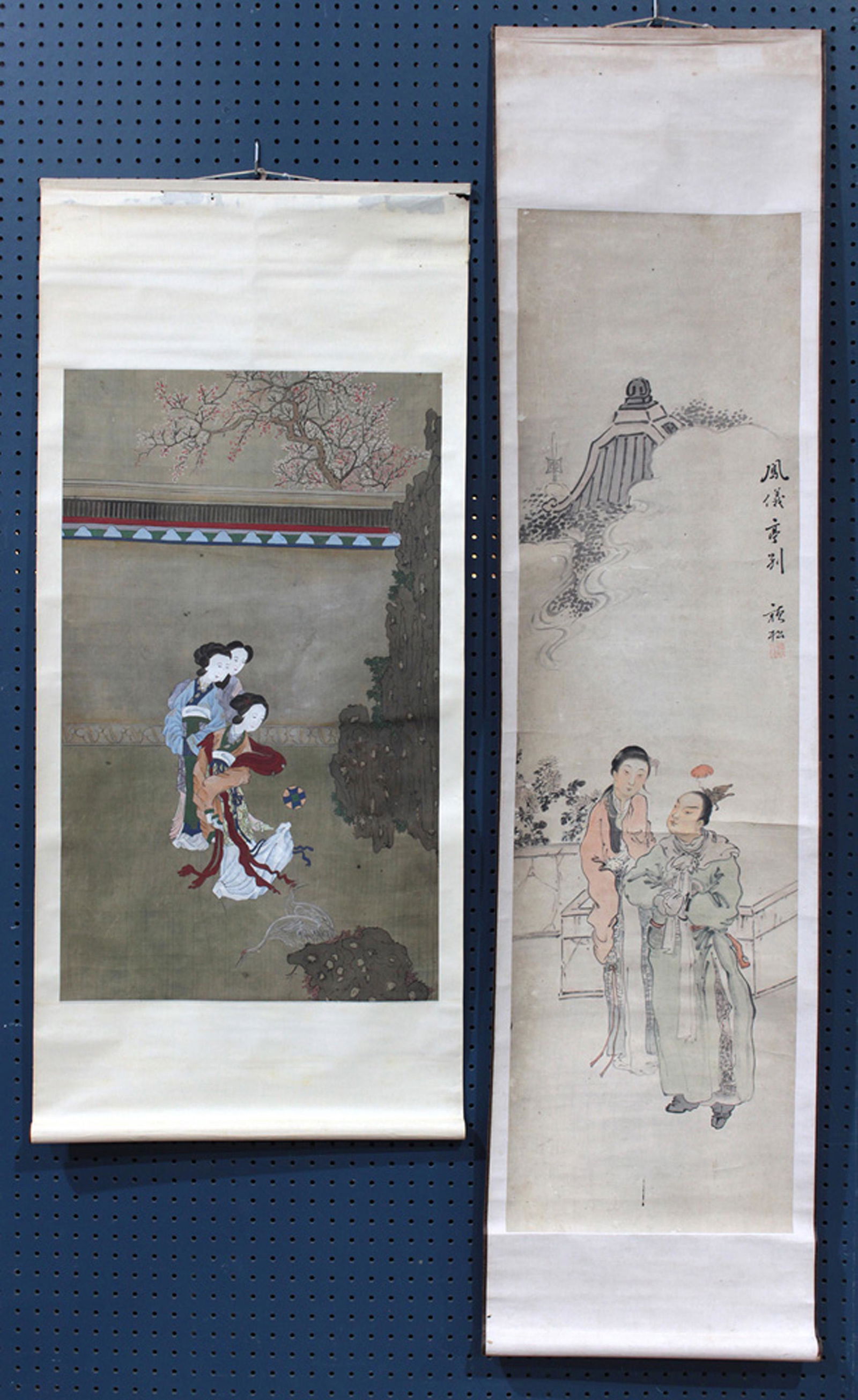 Chinese hanging scroll of ladies in a garden, ink and (1 of 4)