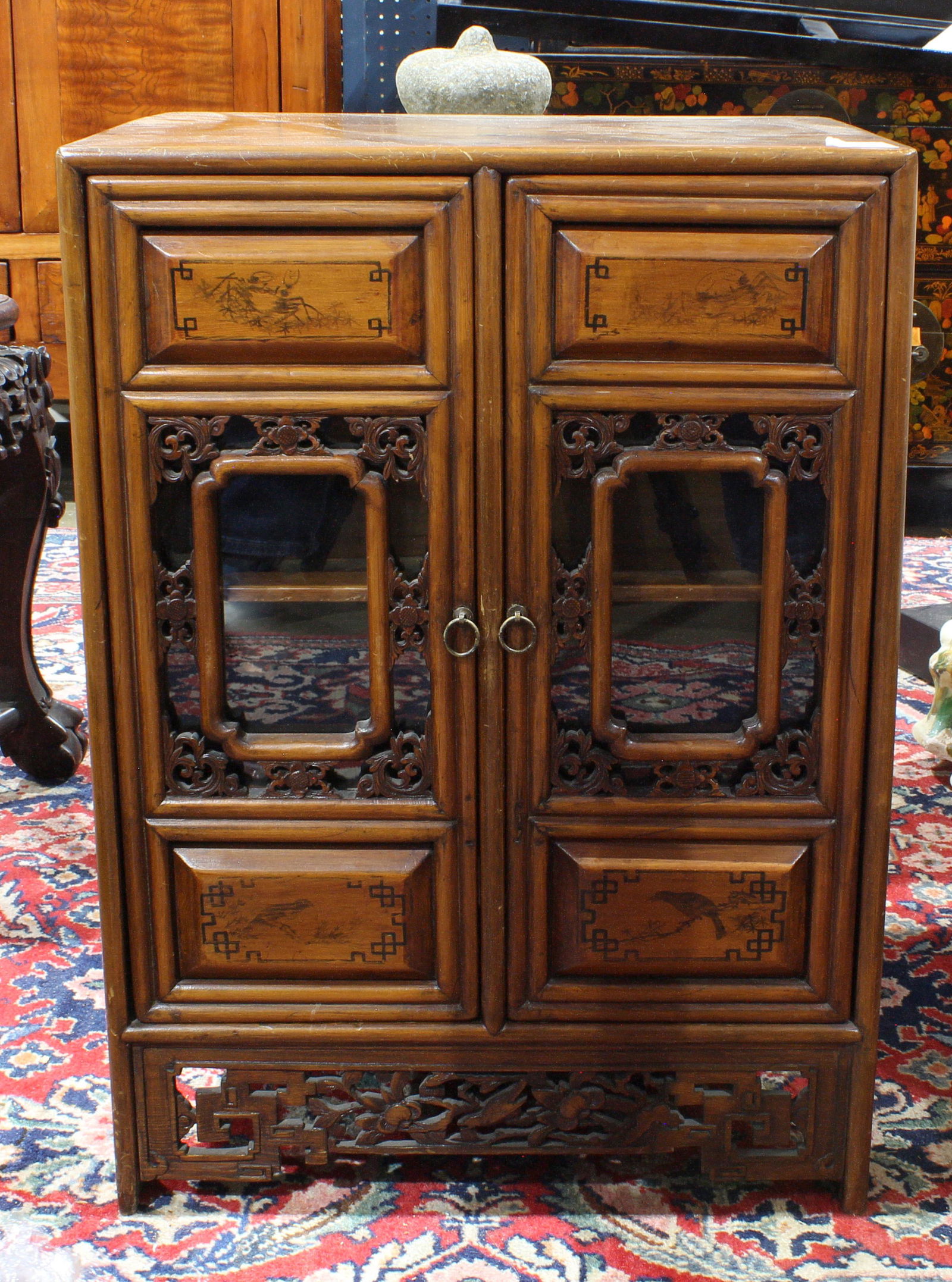 Chinese inlaid walnut cabinet with twin paneled doors (1 of 3)