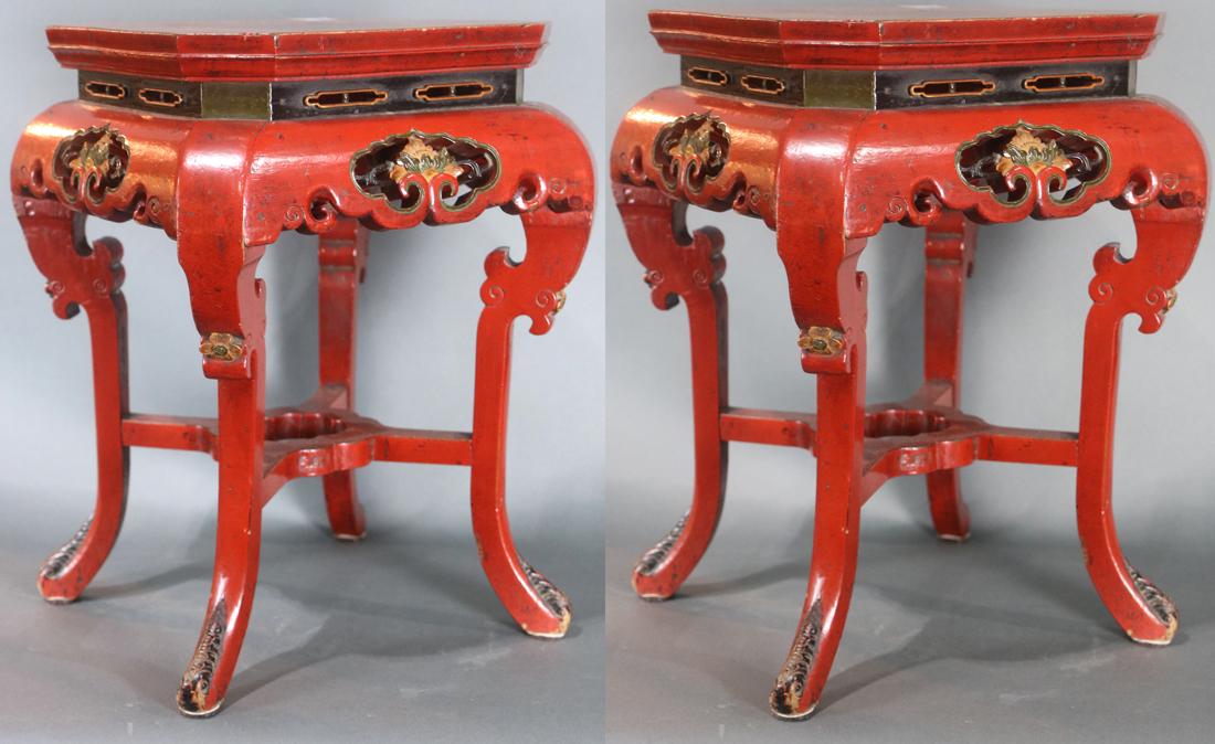 Pair Chinese red lacquer stands carved with lotus (1 of 1)