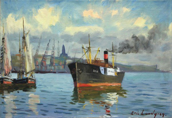 Painting, Lundgren, Nautical: Unframed oil on canvas, Harbor Scene, by Eric Lundgren (American, b. 1906), signed ''Eric Lundgren'' lower right, overall: 18''h x 25.5''w