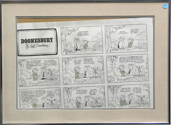 Doonesbury original art Gary Trudeau: Framed original Doonesbury artwork, (1976), featuring whiteout corrections and blue text guidelines, by Gary Trudeau (American, b. 1948), overall: 20.5''h x 27.5''w.