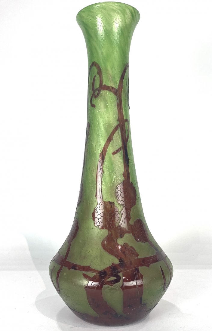 A Charles Schneider Le Verre Francais art glass vase: A Charles Schneider Le Verre Francais art glass vase, decorated with stylized rasberry branches on a cut to green ground, 19"h, unsigned
