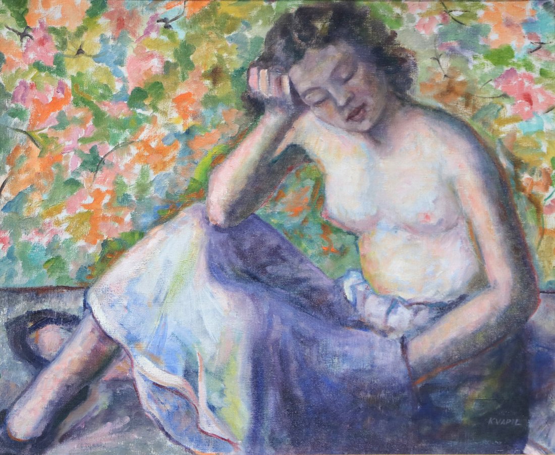 Painting, Charles Kvapil: Charles Kvapil (Belgian, 1884-1957), Untitled (Reclining Nude), oil on canvas board, signed lower right, board: 22"h x 28"w, overall (with with frame): 25.25"h x 30.25"w