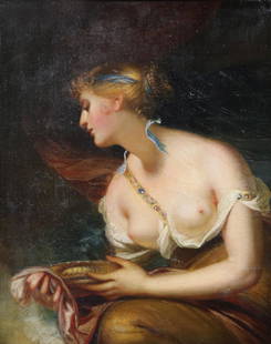 Painting, Attributed to William Etty: Attributed to William Etty (British, 1787-1849), Seated Woman with Golden Tray, oil on canvas, artist name inscribed on frame verso, inventory labels affixed stretcher bars verso, canvas: 30"h x 25.25