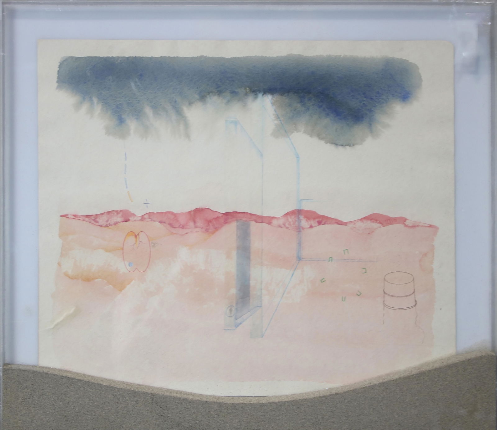 Mixed Media, Ciel Bergman (Cheryl Olsen Bowers): Ciel Bergman (Cheryl Bowers) (American, 1938-2017), "S.G.M.F.M.W.M. #17", 1975, watercolor and sand in plexiglass, unsigned, artist label with titled affixed verso, overall (with frame): 18"h x 20.75"