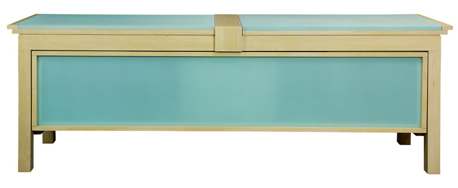 A Roche Bobois credenza: A Roche Bobois credenza, having a rectangular sea green glass top, above a sea green glass and blondwood base, 32.5"h x 91"w x 21.5"d (note: one glass panel at top replaced)