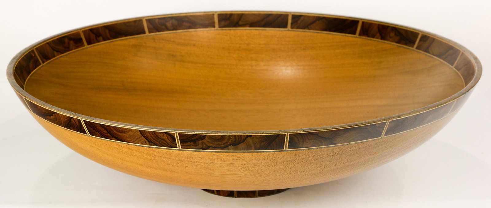 A Barry Macdonald wood turned center bowl: A Barry Macdonald wood turned center bowl, having inlaid banded above a footed base, signed and dated "B.T. Mac, '91," 6"h x 20.5"dia.