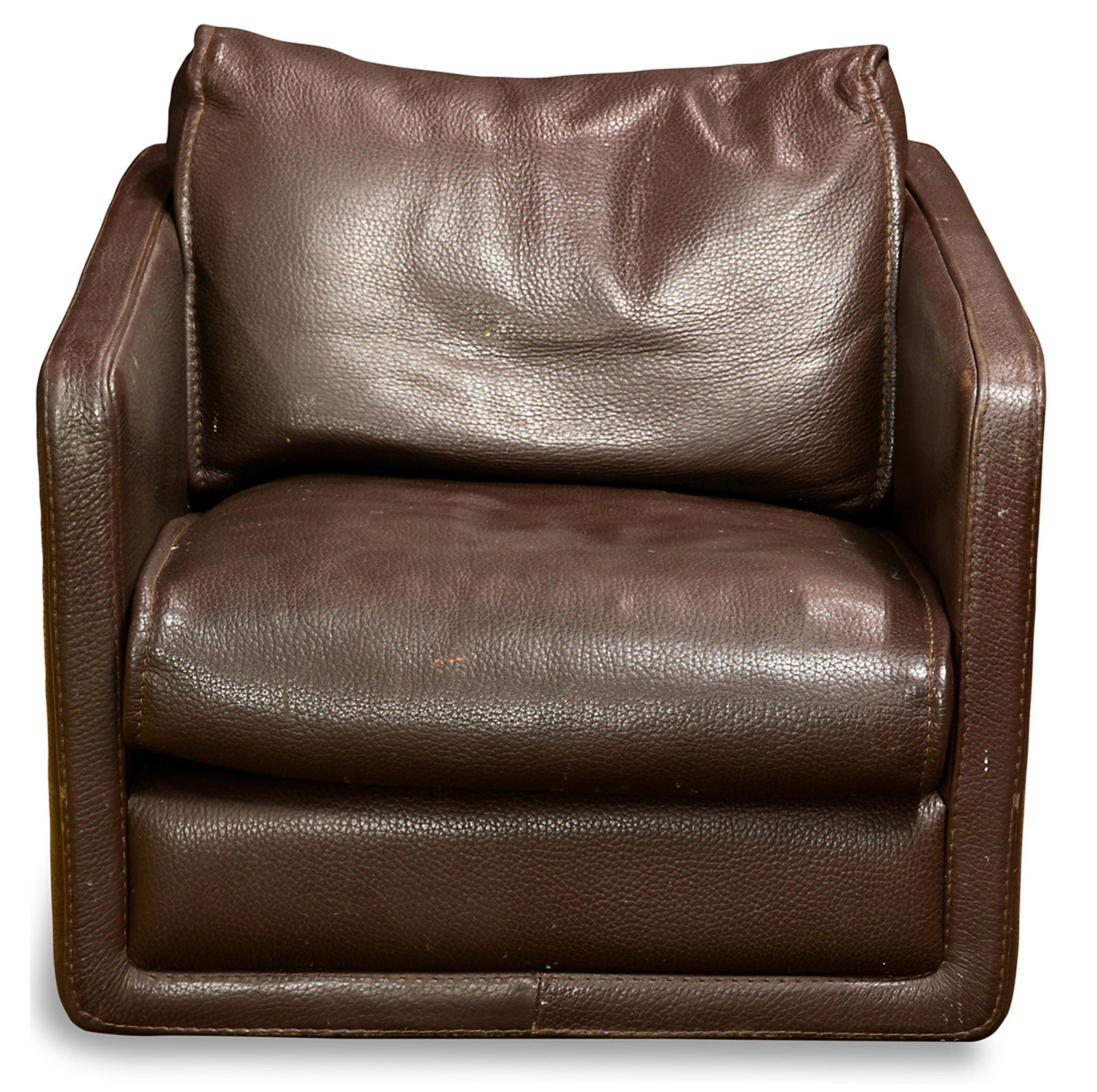 A Roche Bobois leather chair: Roche Bobois leather chair, executed in brown and having a swivel base, 28"h x 28.5"w x 32"d