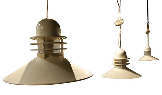 Alfred Homann by Louis Poulsen Nyhavn Maxi lamps: (lot of 3) Alfred Homann by Louis Poulsen Nyhavn Maxi lamps each having a domed white enameled shade above a single light, 16.5"h x 22"dia.