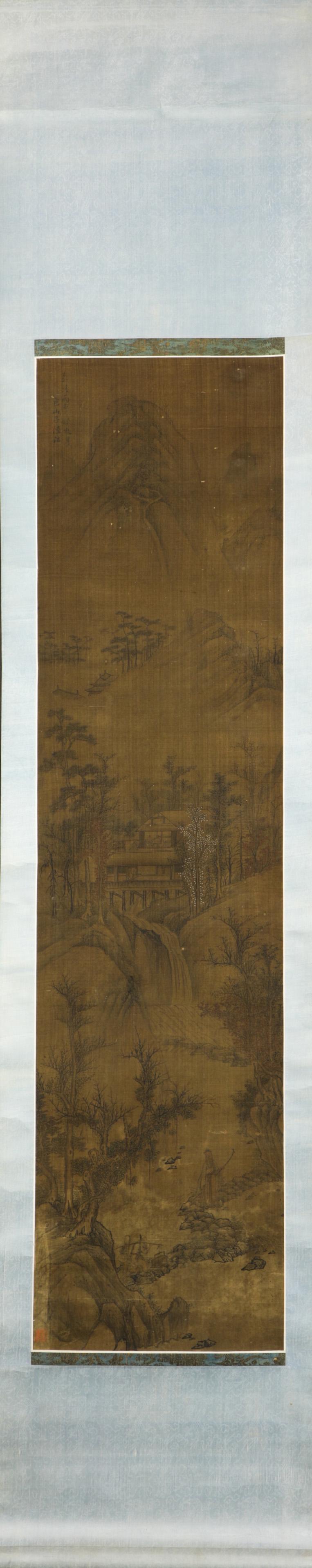 Bearing Signature of Lu Zhi (1496-1576), Mountain: Bearing Signature of Lu Zhi (1496-1576), Mountain landscape with prunus tree and figure, ink and color on dark beige silk ground, bearing a colophon signature Bao Shan Zi and seal, image size 59.5"h x