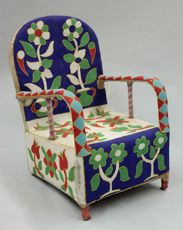 Beaded chair, Yoruba tribe, Nigeria: Beaded chair, Yoruba tribe, Nigeria, with floral design and blue backrest, 36''h x 25''w x 30''d