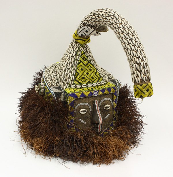 Masks Mwash a mbooy Kuba Kingdom Congo: (lot of 2) King's masks, Mwash a mbooy, Kuba Kingdom, D. R. Congo, with beads and cowrie shells, raffia collars, depicting elephant trunks (the elephant is a metaphor for the strength and authority of