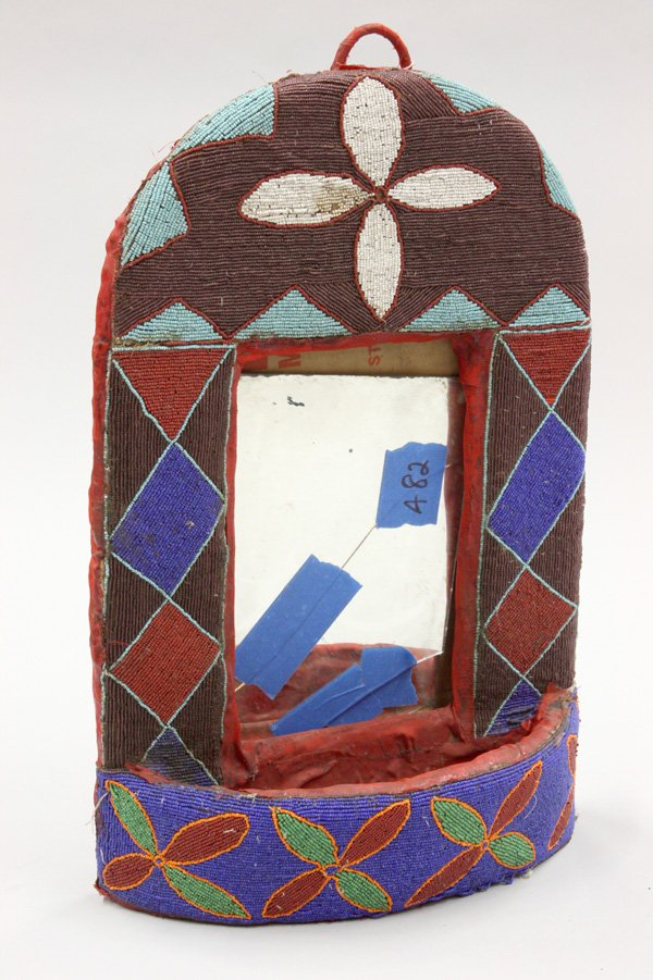 Beaded shrines, Yoruba tribe, Nigeria: (lot of 2) Beaded shrines, Yoruba tribe, Nigeria, colorfully beaded framed mirror, floral designs, the larger 25''h x 16''w x 16''d