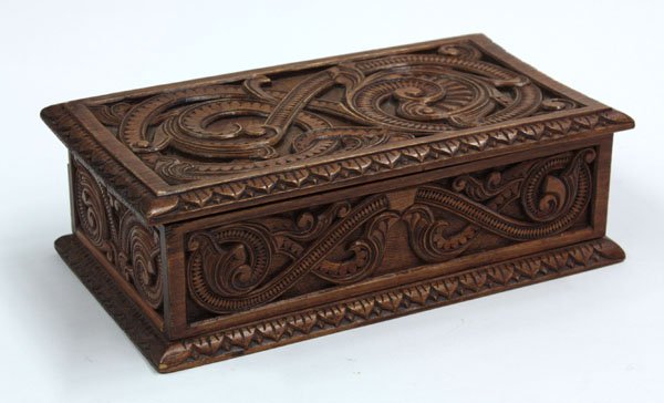 Mahogany dresser box Nordic design: Mahogany carved glove or dresser box in Nordic design, 3.5''h x 10''w x 6''d, purchased circa 1950 in San Francisco from the maker, Mr. Andersen a Norwegian born craftsman