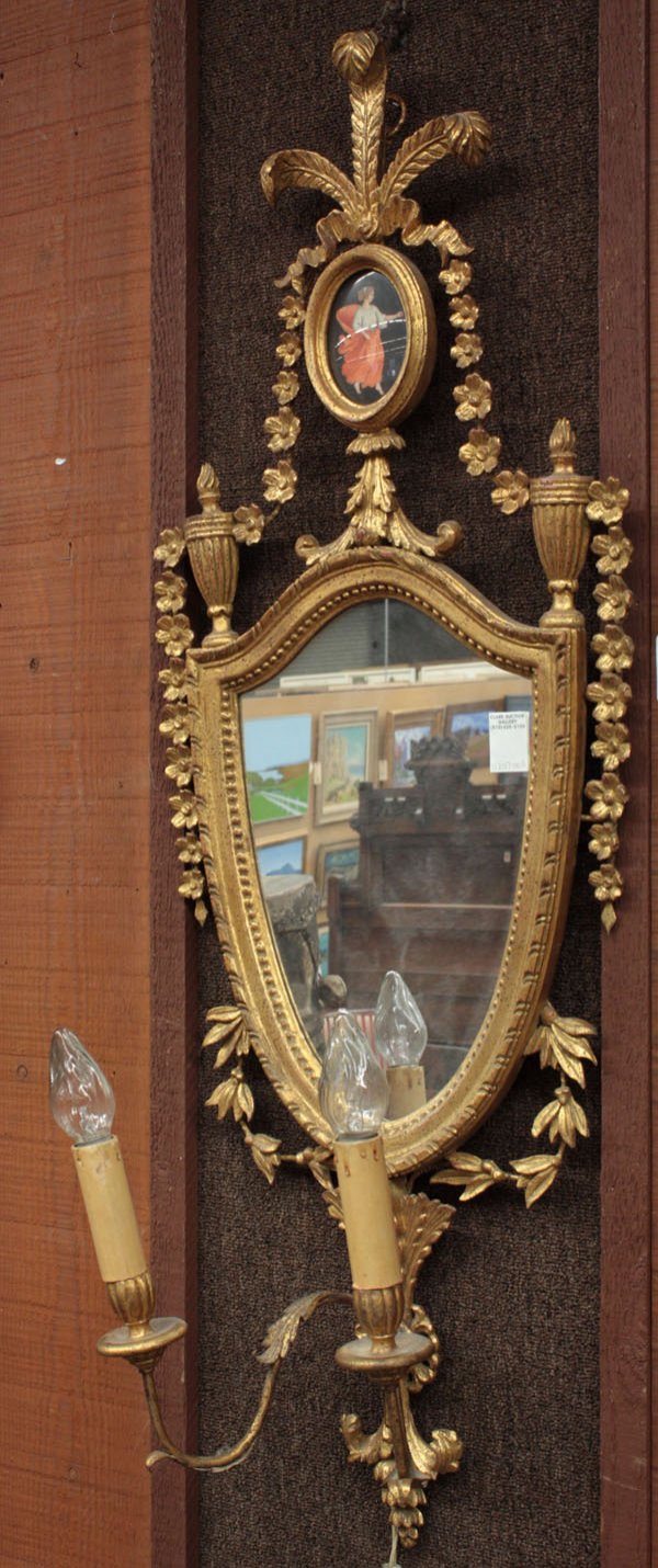 Adam's style shield form mirror: Adam's style shield form mirror with hand painted Classical cameo festoon, mounted with two candle lights, 30''h