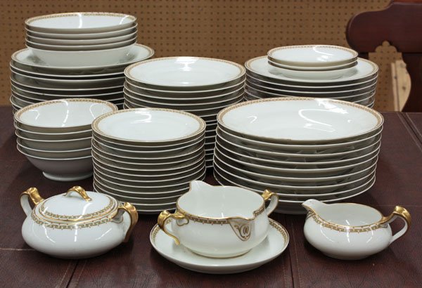 Limoges china dinnerware: (lot of 78) Limoges china partial service for twelve, key border with gilt accents, 12 dinner plate; 9 soup bowls; 5 salad bowls; 5 berry bowls; 15 dessert plates; 13 salad plates; 13 bread plates; 3 