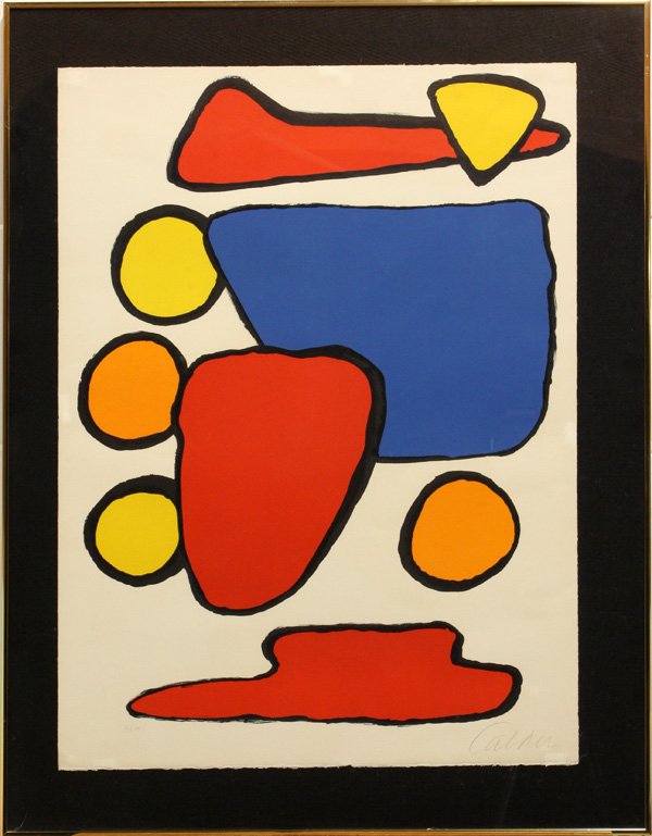 Lithograph, Calder, American: Framed lithograph, Stone Age, by Alexander Calder (American, 1898-1976), signed ''Calder'' lower right, numbered 96/100 lower left, ''Gallery M'' label affixed verso, sheet: 30.75''h x 23''w, overall:
