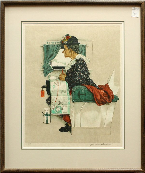 Lithograph, Norman Rockwell, American: Framed lithograph, ''First Airplane Ride,'' by Norman Rockwell (American, 1894-1978), pencil signed ''Norman Rockwell'' lower right, inscribed ''A/P'' lower left, sight: 22''h x17.5''w, overall: 31''h
