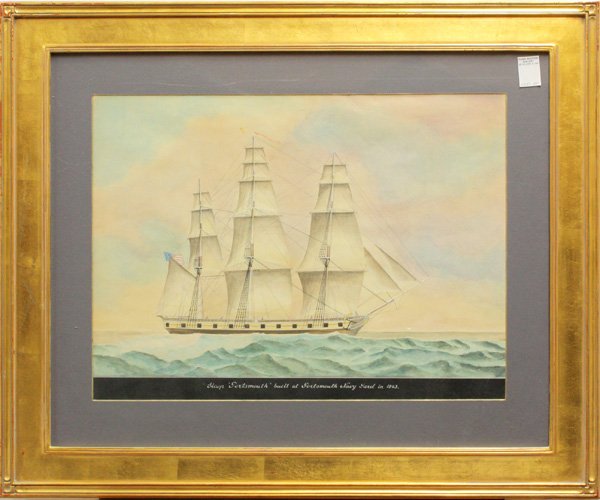 Watercolor Portsmouth Ship Portrait: Framed watercolor, ''Sloop 'Portsmouth' built at Portsmouth Navy Yard in 1843'', signed indistinctly ''J. Clifton(?)'' lower right, titled in lower margin, sight: 23.25''h x 29.25''w, overall: 29''h x