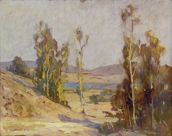 Painting Jack Wilkinson Smith: Framed oil on board, Valley Scene, by Jack Wilkinson Smith (Californian, 1873-1949), signed ''Jack Wilkinson Smith'' lower left, sight: 15.5''h x 19.5''w, overall: 23''h x 27''w.