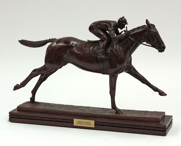 Bronze ''Man O' War'' by Marilyn Newmark: Bronze Jockey on horse ''Man O' War'' by Marilyn Newmark, 10.5''h x 15''l