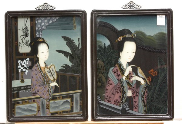 Chinese Reverse Glass Paintings, Beauty: (lot of 2) Chinese reverse glass paintings, Beauties, the first depicting a maiden with a bird perched on her hand, the other similarly decorated with a beauty holding a fan, each overall: 18.5''h x 1