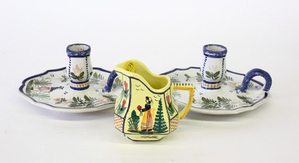 Quimper faience chamber sticks: (lot of 3) Quimper faience chamber sticks of a white ground having cobalt trim, together with a yellow pitcher with floral and cross hatch patterns, signed Henriot Quimper France, 3.5''h