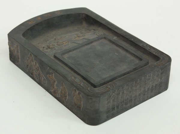 Chinese Carved Ink Stone: Chinese carved ink stone, entitled 'dong lin lian she' (=eastern forest lotus society) on the arched top, the front with a square depression below a pictorial rendering of a high-ranking Buddhist monk