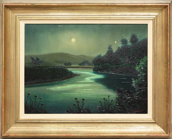 Painting, George Roberts, Landscape: Framed oil on canvas, ''Sprint Nocturne (Inverness Crack),'' 1972, by George Roberts, signed lower right, label affixed verso, overall: 27''h x 33''w