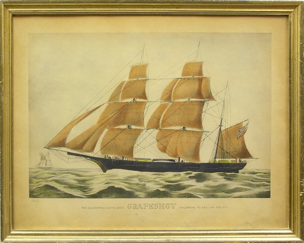 Lithograph Currier Ives Grapeshot ship: Framed hand colored lithograph, ''The Celebrated Clipper Bark Grapeshot,'' published by Currier and Ives, plate inscribed, sight: 20.5''h x 27.5''w, overall: 23''h x 30''w.