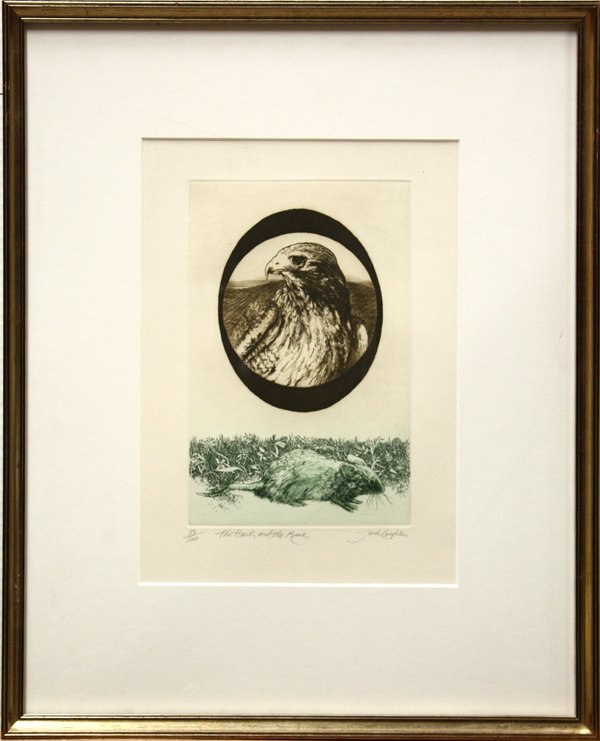 Etching Jack Coughlin Hawk Mouse: Framed color etching, ''The Hawk and the Mouse,'' by Jack Coughlin (American, b. 1932), pencil signed ''Jack Coughlin'' lower right, titled and numbered 53/100 lower left, overall: 21''h x 17''w.