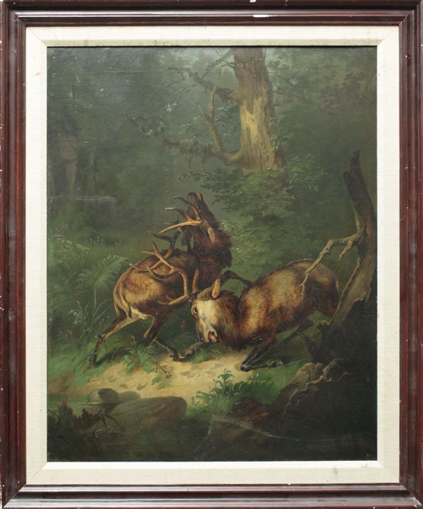 Painting Stags C Gerber Carl Gerber: Framed oil on canvas, Fighting Stags, signed ''C. Gerber'' lower right (possibly Carl Gerber, German, b. 1839), overall: 37''h x 31''w.