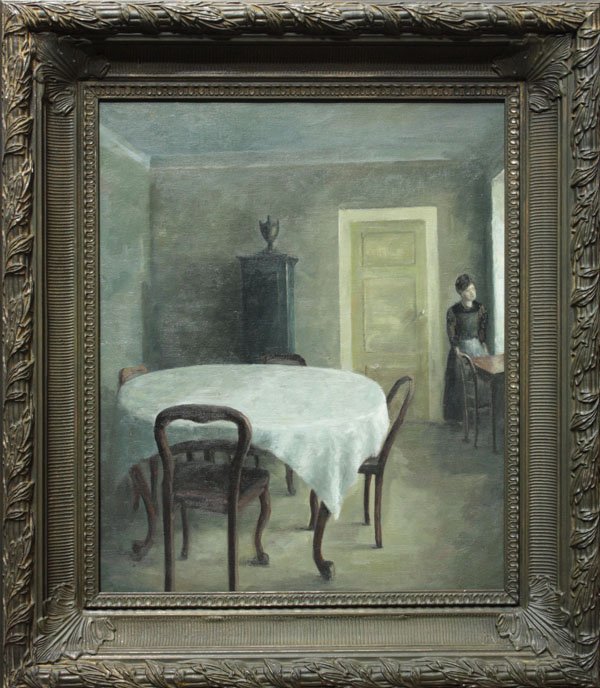 Painting, after Hammershoi Danish: Framed oil on linen canvas, The Dining Room, after Vilhelm Hammershoi (Danish, 1864-1916), contemporary, unsigned, overall: 32''h x 29''w.