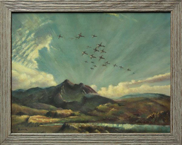 Painting manner of Eric Sloane: Framed oil on board, Migration, in the manner of Eric Sloane (American, 1905-1985), bears signature ''Sloane'' lower left, overall: 16''h x 20''w.