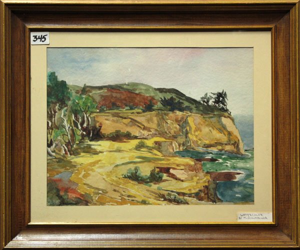 Watercolor, Schumacher, Landscape: Framed watercolor, Coastal Cliff, by Mae Schumacher (Californian, 20th century), signed ''M. Schumacher'' lower left, overall: 20.5''h x 24.5''w