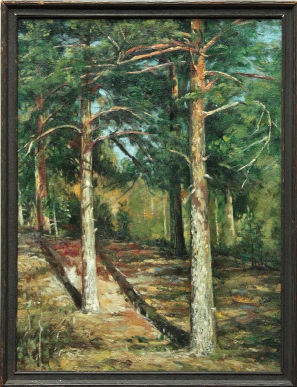 Painting, Landscape, European: Framed oil on canvas, Pinetrees, unsigned, contemporary, after Ivan Shishkin (Russian, 1832-1898), overall: 17''h x 13''w