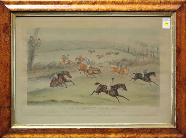 Lithograph British Steeple Chase: Framed lithograph, ''Vale of Aylesbury Steeple Chase,'' engraved by C and G Hunt, British, 19th century, plate captioned and inscribed lower margin, overall: 23''h x 31''w.