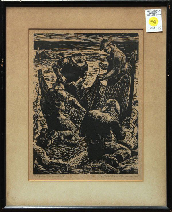 prints, Fiske Boyd, Robert von Neumann: (lot of 2) Framed woodblock prints: View of a House, by Fiske Boyd (American, 1895-1975), pencil signed and numbered 9/60 lower left; ''The Four Net Menders,'' by Robert von Neumann (American, 1888-19