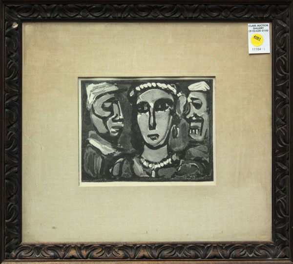 woodcut, Trio, Georges Rouault: Framed woodcut, ''Les Visages,'' by Georges Rouault (French, 1871-1958), plate signed lower right, dated 1942 lower left, overall: 15.5''h x 17.25''w