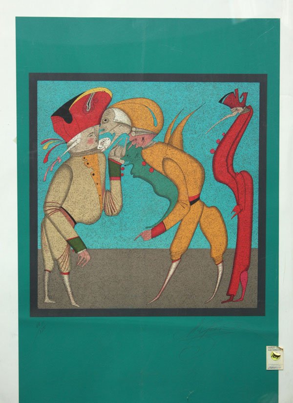 Color Lithograph Mihail Chemiakin: Framed color lithograph, Carnaval Scene, by Mihail Chemiakin (Russian, b. 1943), pencil signed ''M. Chemiakin'' lower right, numbered 68/125 lower left, overall: 36''h x 24''w.