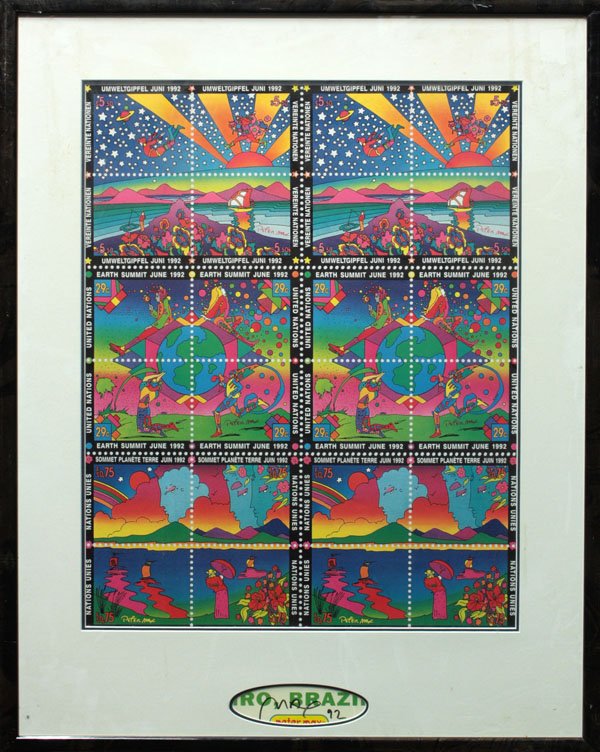 Poster Peter Max Stamps Brazil: Framed offset lithograph, Sheet of Stamps - Brazil, after Peter Max (American, b. 1937), signed and dated ''Max '92'', overall: 36''h x 29''w.