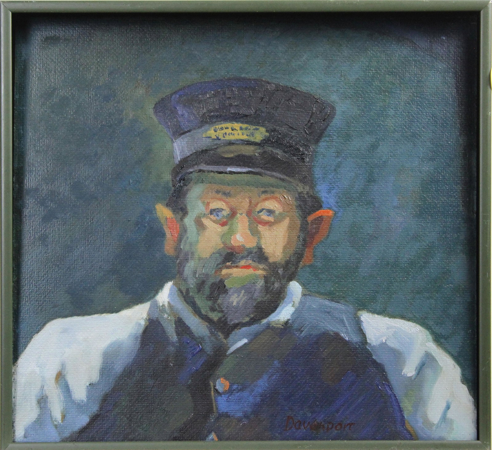 Paintings, Jill Davenport: (lot of 2) Jill Davenport (American, 20th century), "DA Bishop," oil on board mounted on to larger panel, unsigned, titled verso, and "The Conductor," oil on board, signed lower right-center, titled v