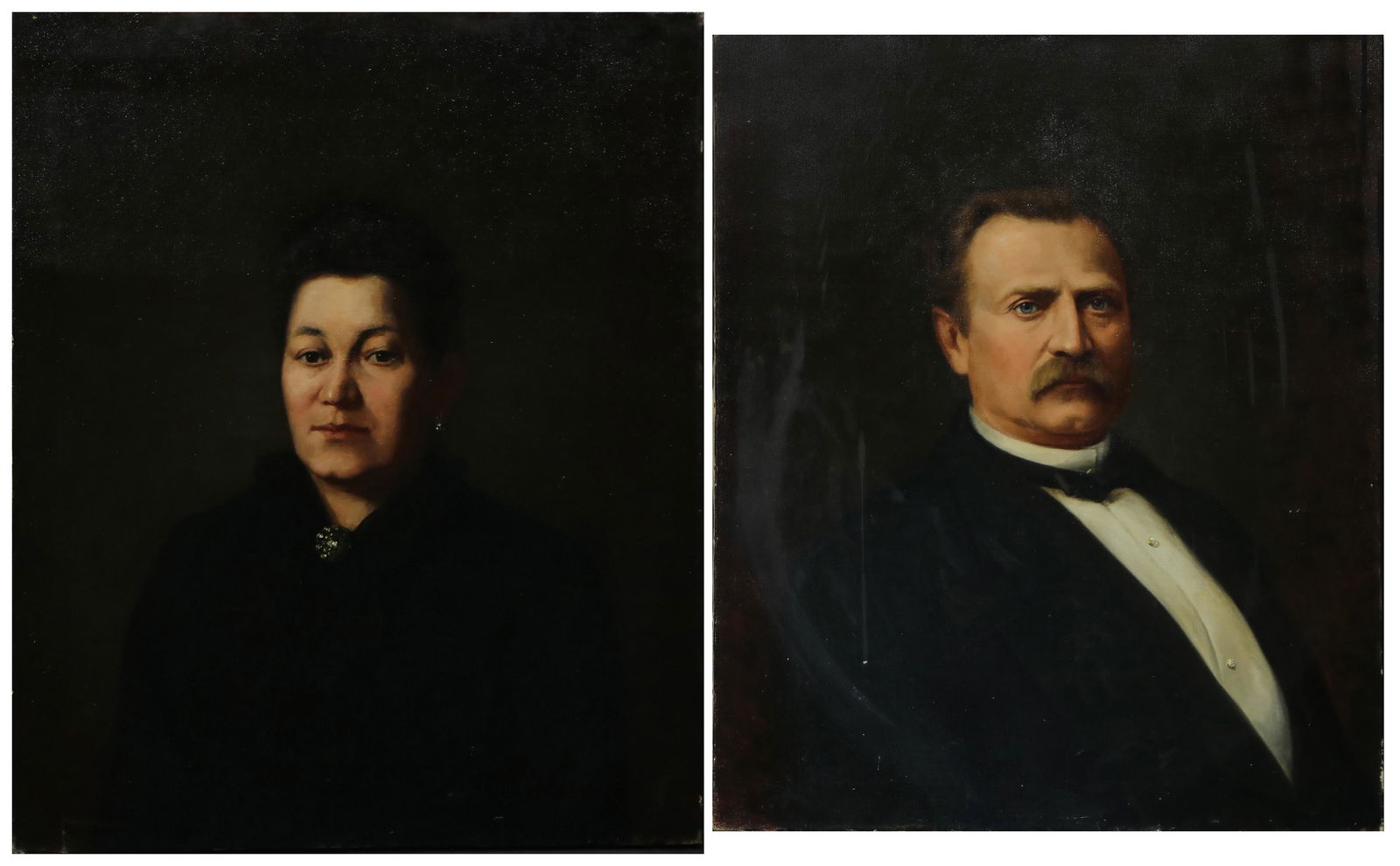 Paintings, John Marshall Gamble: (lot of 2) John Marshall Gamble (American, 1863-1957), Portraits of Husband and Wife, 1889, oils on canvas, each signed and dated lower left/right, canvas (unframed/each): 30"h x 25"w