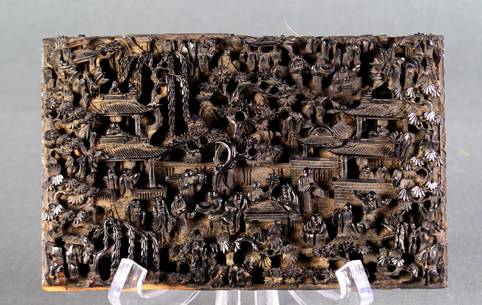 Chinese zitan carved pictorial panel (1 of 2)